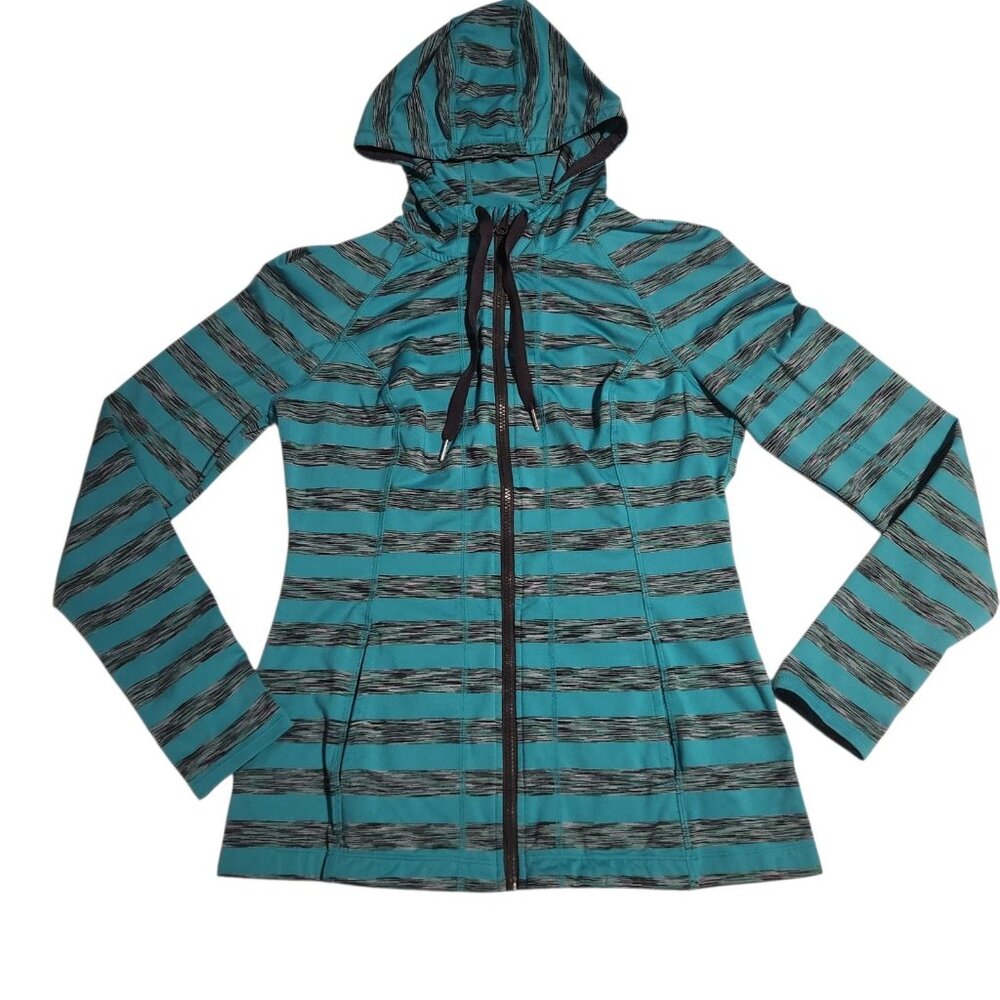 Lukka Hoodie Running Activewear Green Gray Striped Full Zip Drawstring Womens Lg